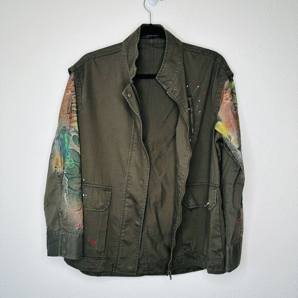 Zara Army Green Grafitti New York Jungle Oversize Zip Utility Jacket 100% Cotton - Picture 5 of 16